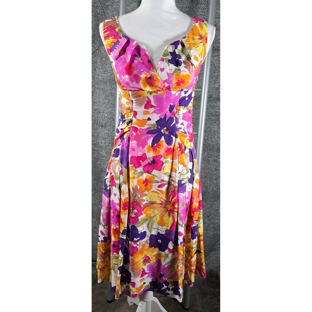 Adrianna Papell Womens Floral Fit Flare Dress Pink Orange Purple Size 2 RN59732